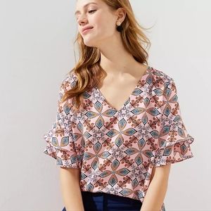 Loft pink kaleidoscope tiered bell cuff blouse size large